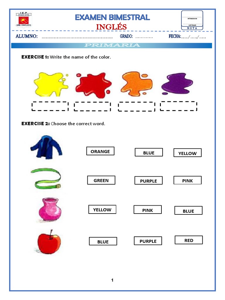 Examen de Colores en Inglés para Niños | PDF