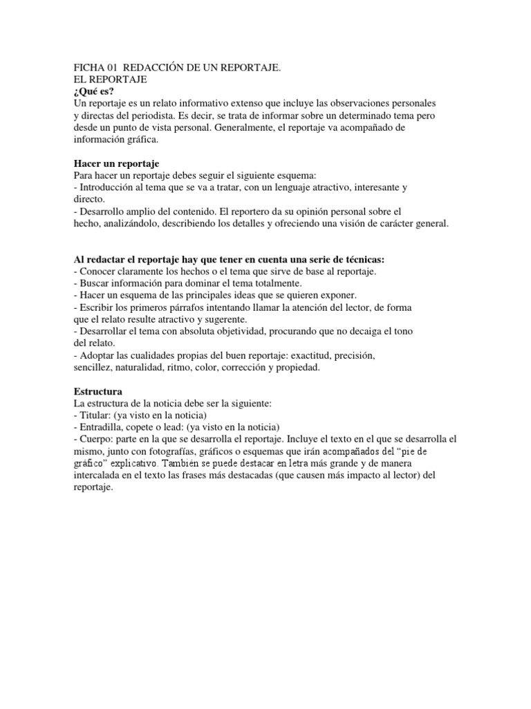 FICHAS PARA LA REDACCIÓN DE UN REPORTAJE Y UNA CRÓNICA