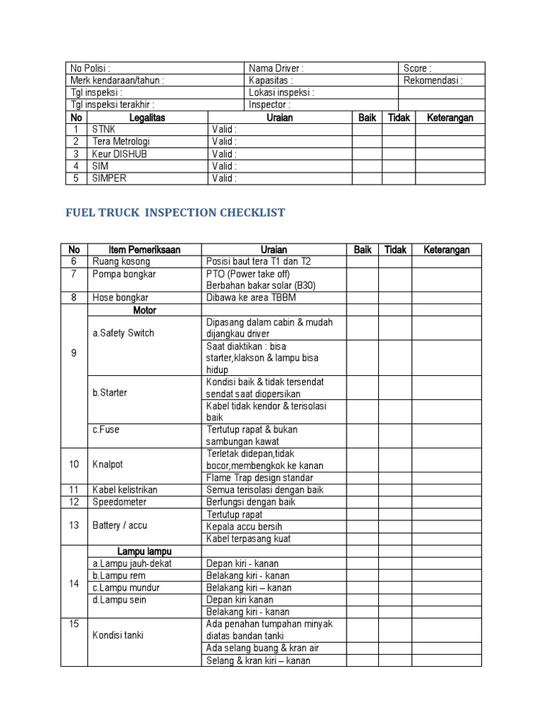 Checklist Inspeksi Truk Bahan Bakar | PDF
