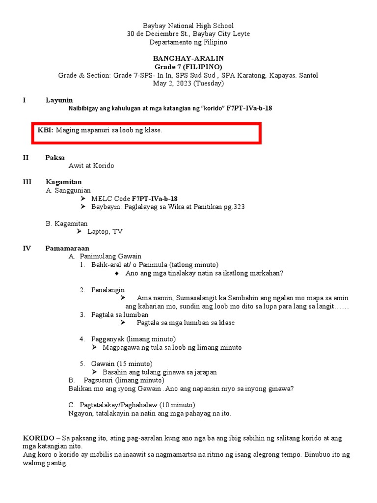 Banghay-Aralin Grade 7 (Filipino) : Naibibigay Ang Kahulugan at Mga ...