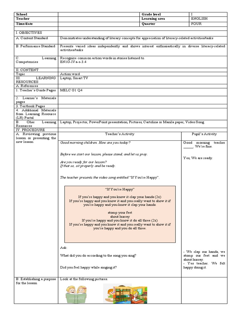 Action Words Lesson Plan for Grade 1 | PDF | Question | Teachers