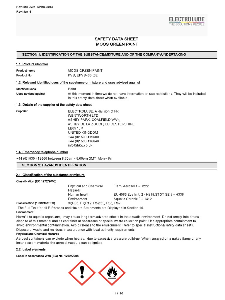 MSDS ELECTROLUBE PVB High Gloss Paint Green Eng PDF Firefighting