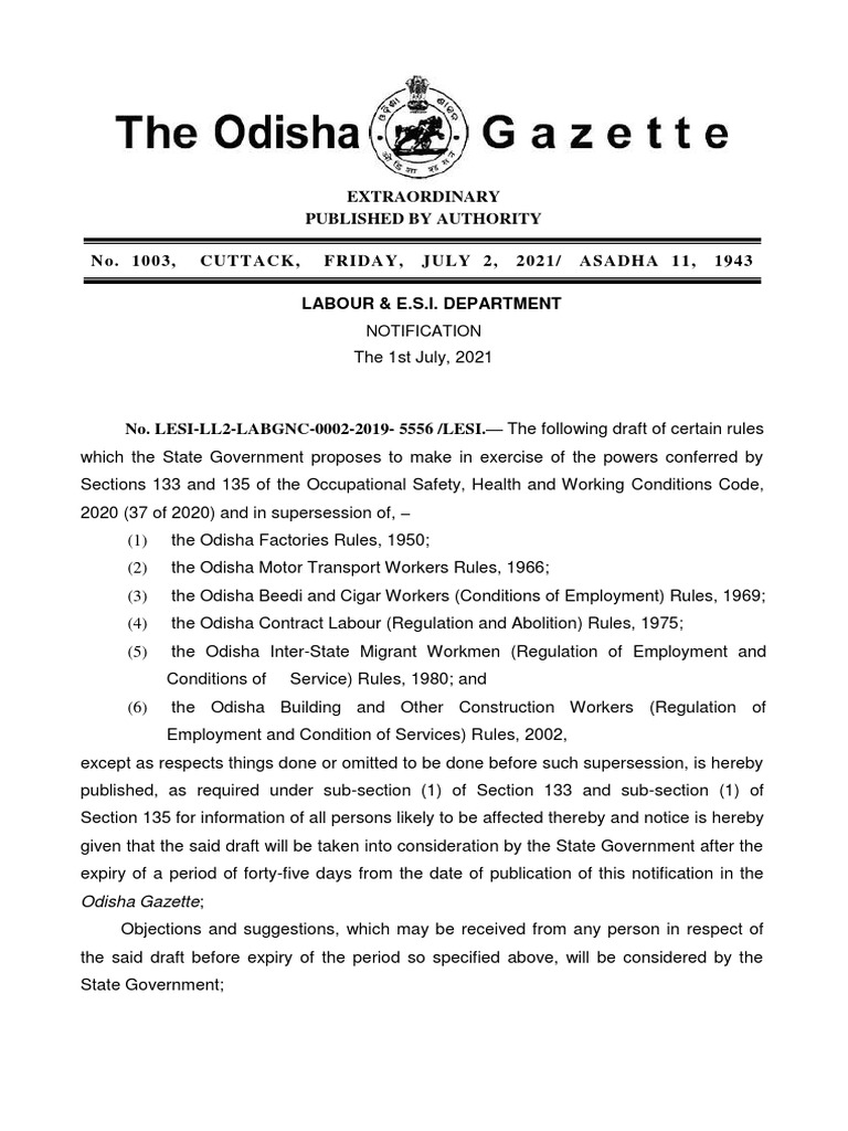 Odisha Occupational Safety Rules 2021 | PDF | Occupational Safety And ...