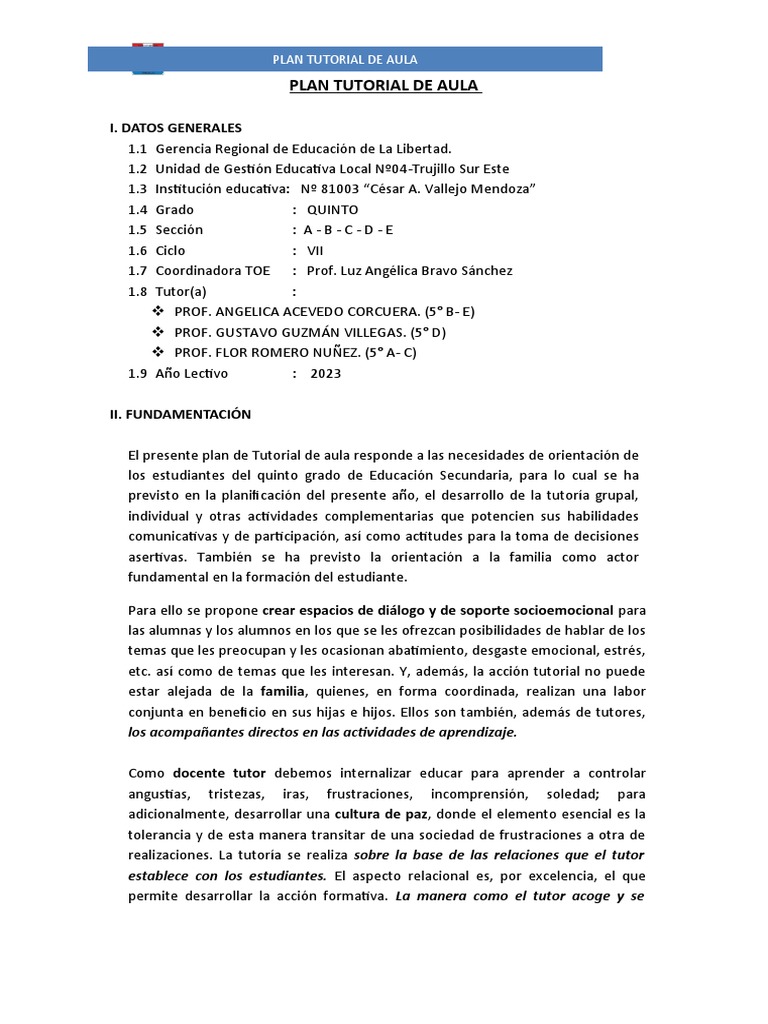 Plan Tutorial Aula 5° Secundaria 2023 | PDF | Salón de clases | Enseñando