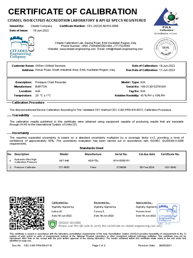 Chart Recorder Certificate PDF Calibration Science