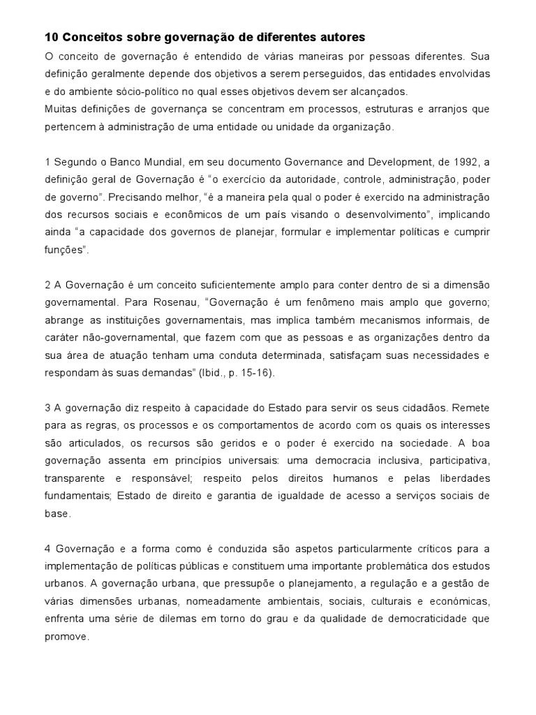 10 Conceitos Sobre Governação de Diferentes Autores | PDF | Governança ...