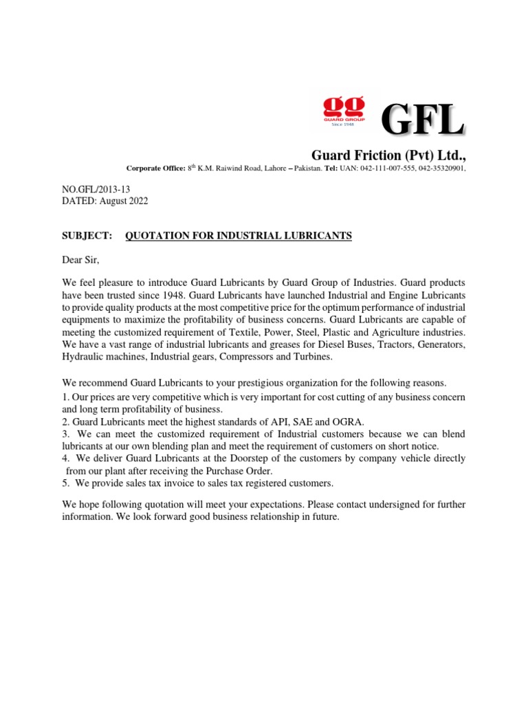 Competitive Quotation for a Wide Range of Industrial Lubricants and