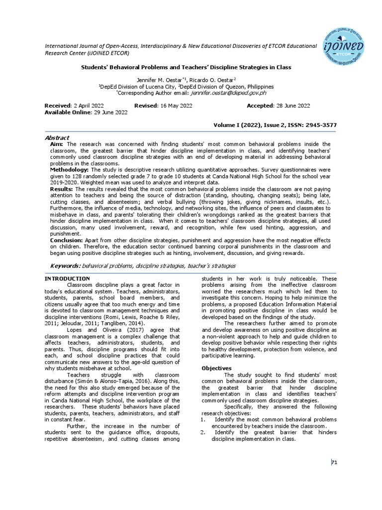 Students' Behavioral Problems and Teachers' Discipline Strategies in ...