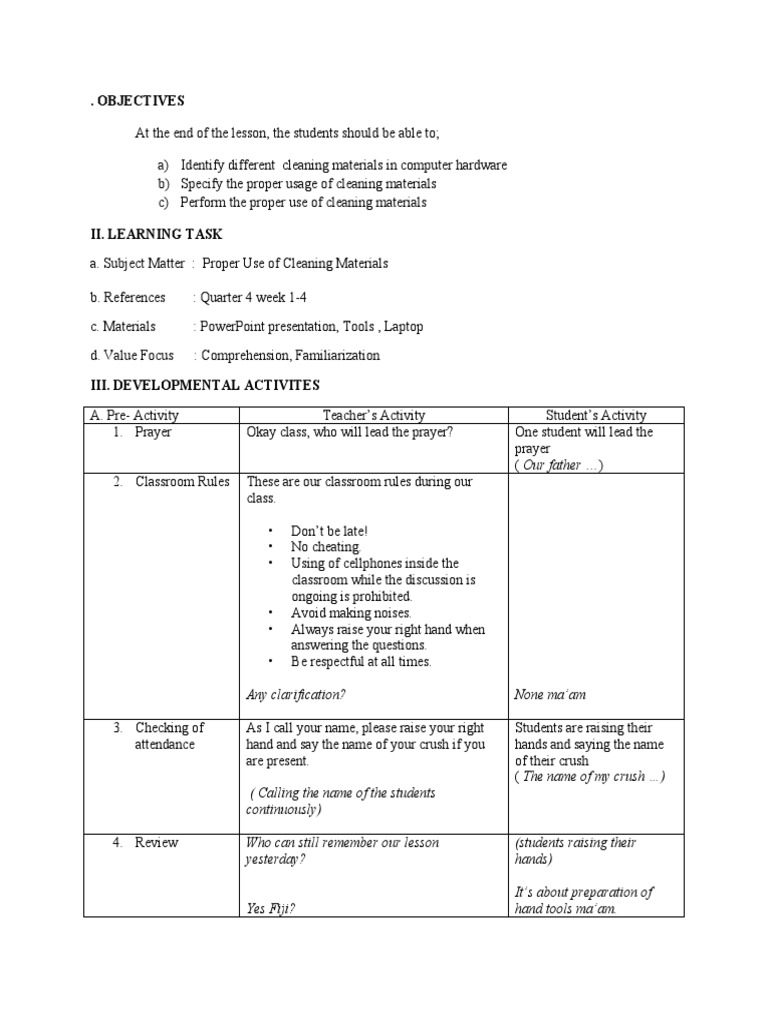 Lesson Plan(cleaning tools) PDF Classroom Manufactured Goods