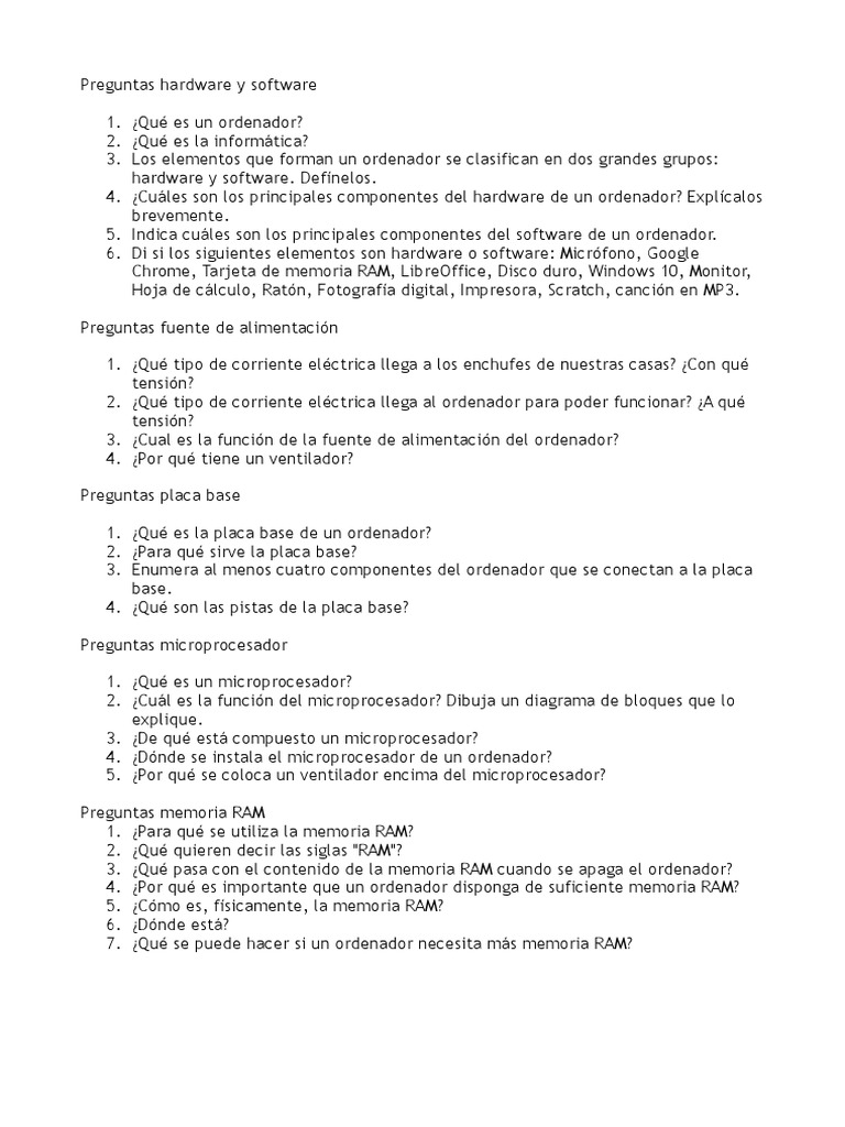 Preguntas | PDF | Hardware de la computadora | Almacenamiento de datos ...