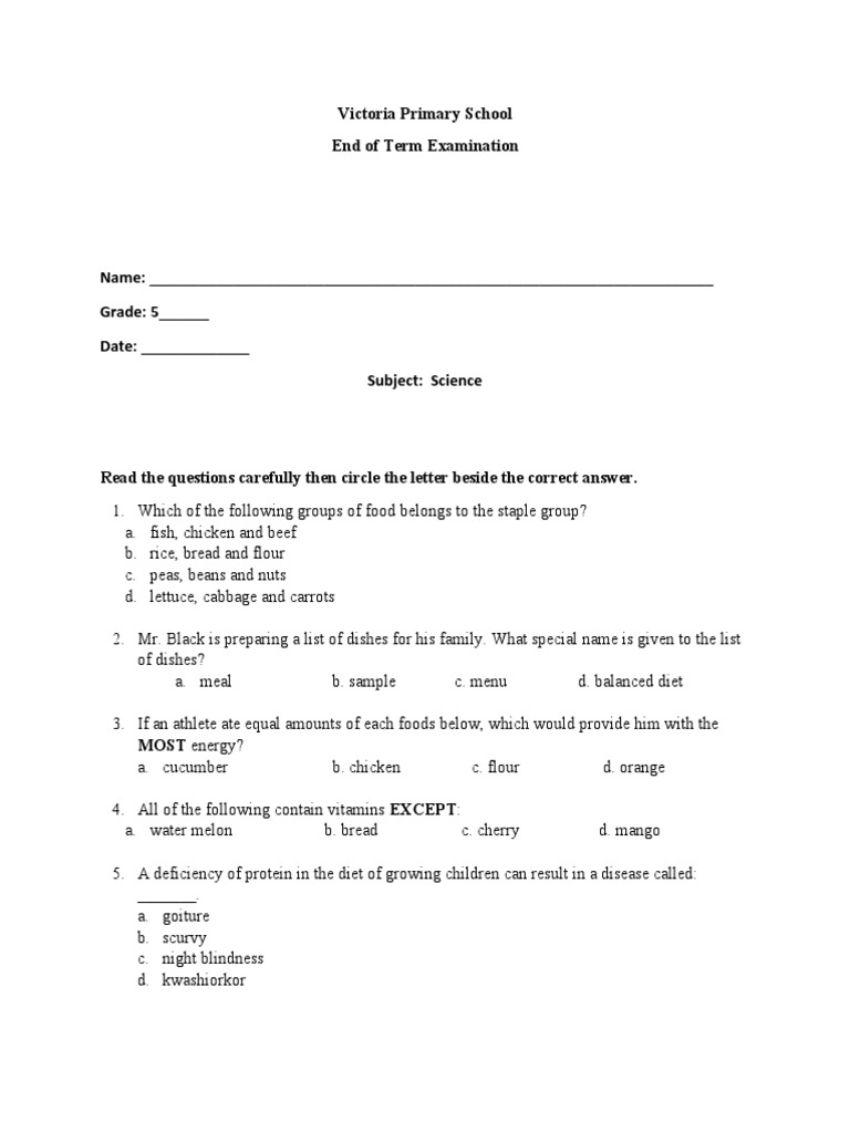 Grade 5 Science Exam on Nutrition | PDF | Foods | Vitamin