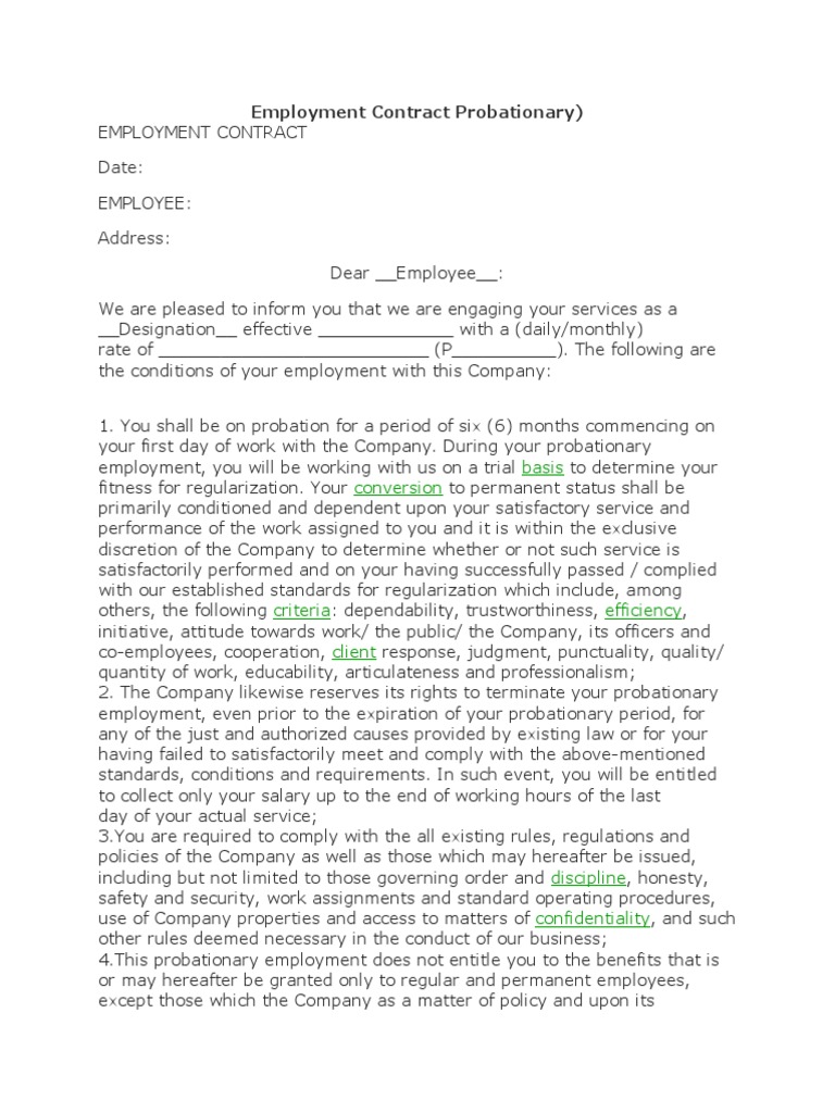 Employment Contract Probationary Pdf Employment Legal Liability