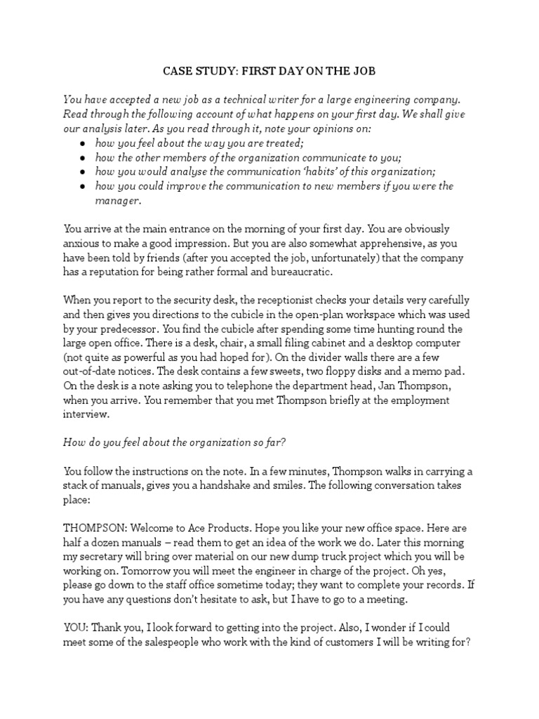 Case Study - First Day On The Job | PDF | Desk