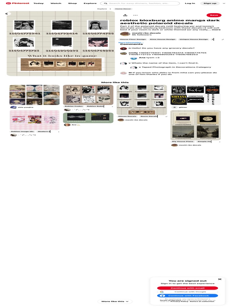 Anime, Manga, and Dark Aesthetic Polaroid Decals for Bloxburg on Roblox