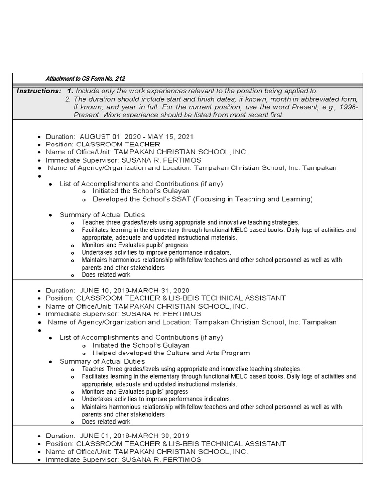 Classroom Teacher Work Experience Sheet | PDF | Teachers | Change