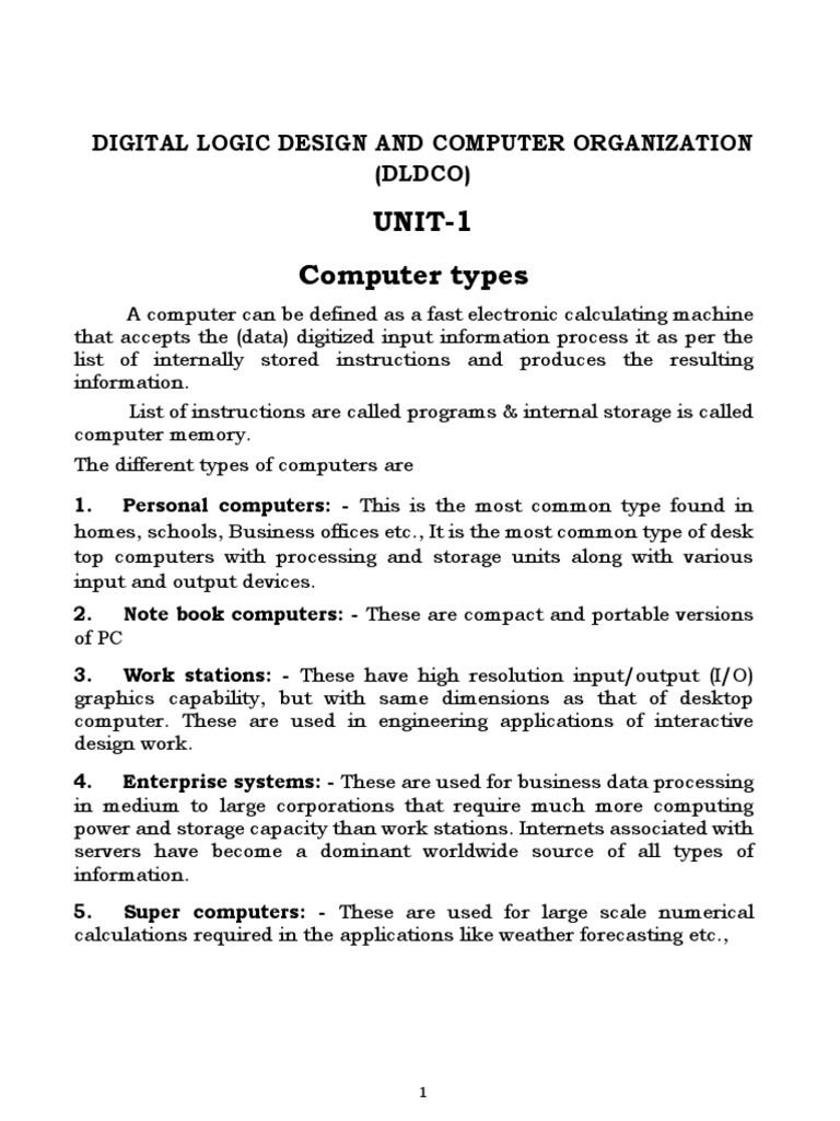 Unit 1 computer types digital logic design and computer organization