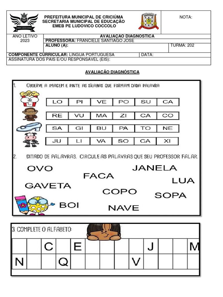 Avaliação de Língua Portuguesa Diagnóstica 2º Ano | PDF