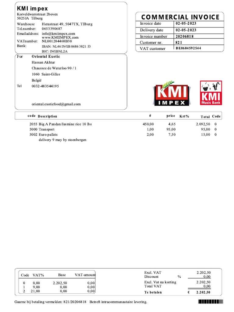 Commercial Invoice: Invoice Date 02-05-2023 20206818 Delivery Date 02 ...