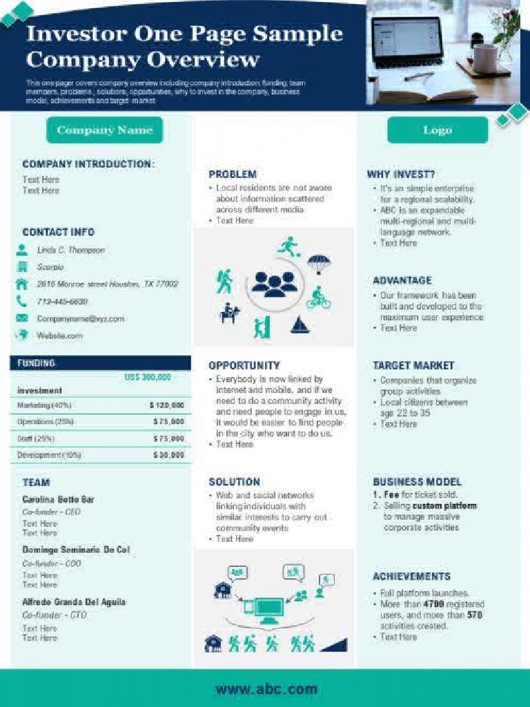 Investor One Page Sample Company Overview Presentation Report ...