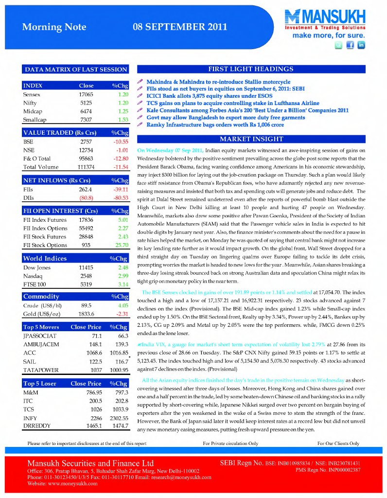 Morning Note 08 SEPTEMBER 2011: Mansukh Securities and Finance LTD | PDF