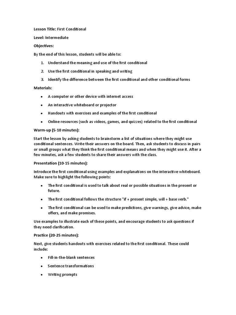 First Conditional ESL Lesson Plan | PDF | Learning | Cognition