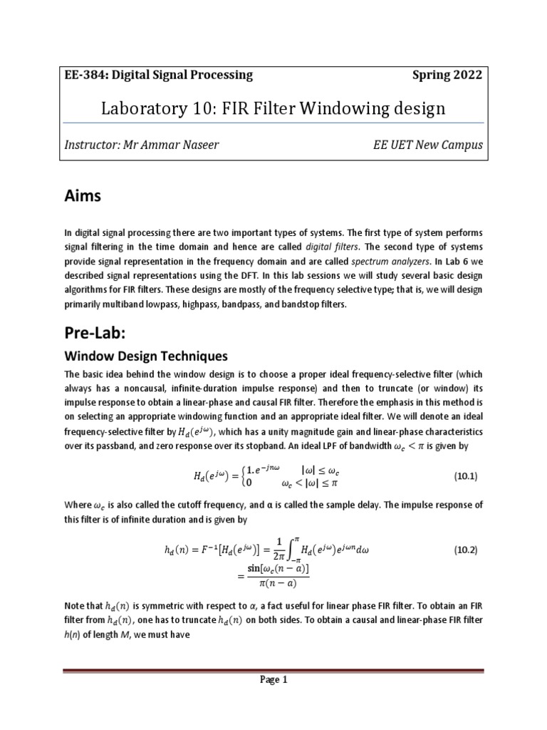 Lab 10 FIR Filter Windowing Design | PDF | Low Pass Filter | Filter ...