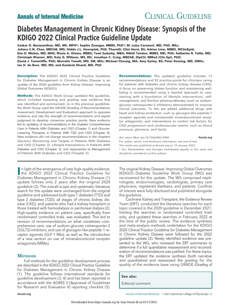 Diabetes Management in Chronic Kidney Disease Synopsis of The KDIGO