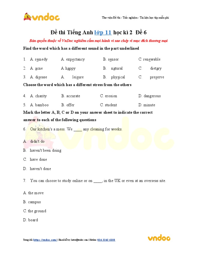  thi ti ng anh h c k 2 6 find the word which has a different