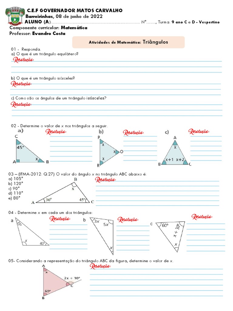 ATIVIDADE SOBRE ANGULOS CONGRUENTES Qual o valor de x nos triângulos a  seguir? 