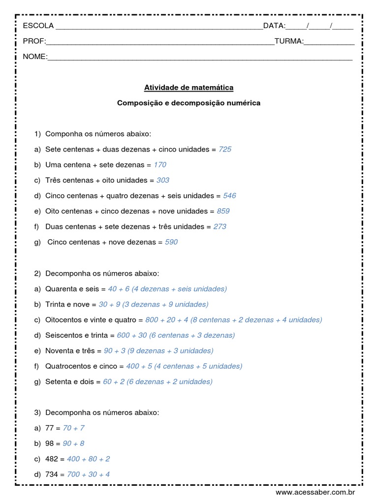 Atividade de Composição e Decomposição 5º Ano | PDF | Computadores