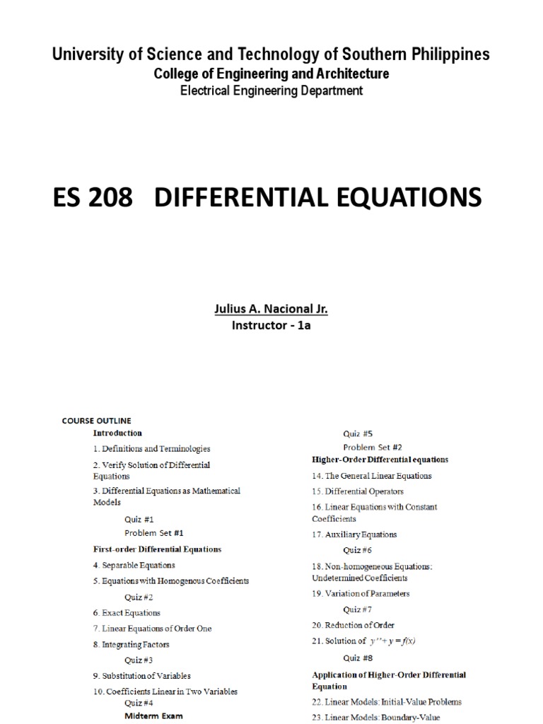 Es 208 Differential Equations University of Science and Technology of