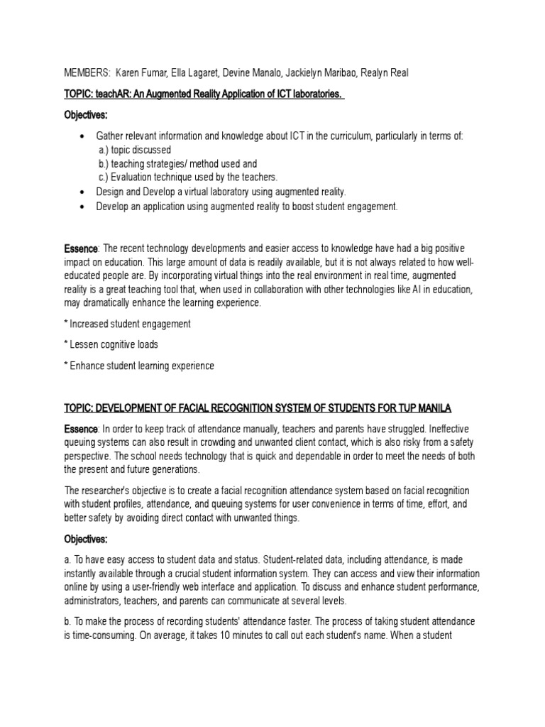 Topic Proposal with Objectives PDF Augmented Reality Educational
