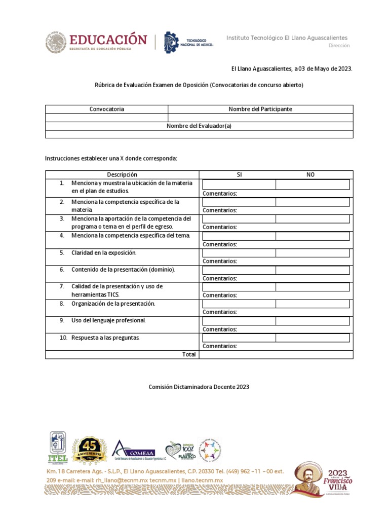 Rubrica de Evaluacion Examen de Oposicion | PDF