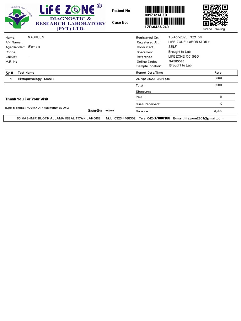 15-Apr-2023 3:21 PM Nasreen /female - Self Lifezone CC SGD Brought To ...