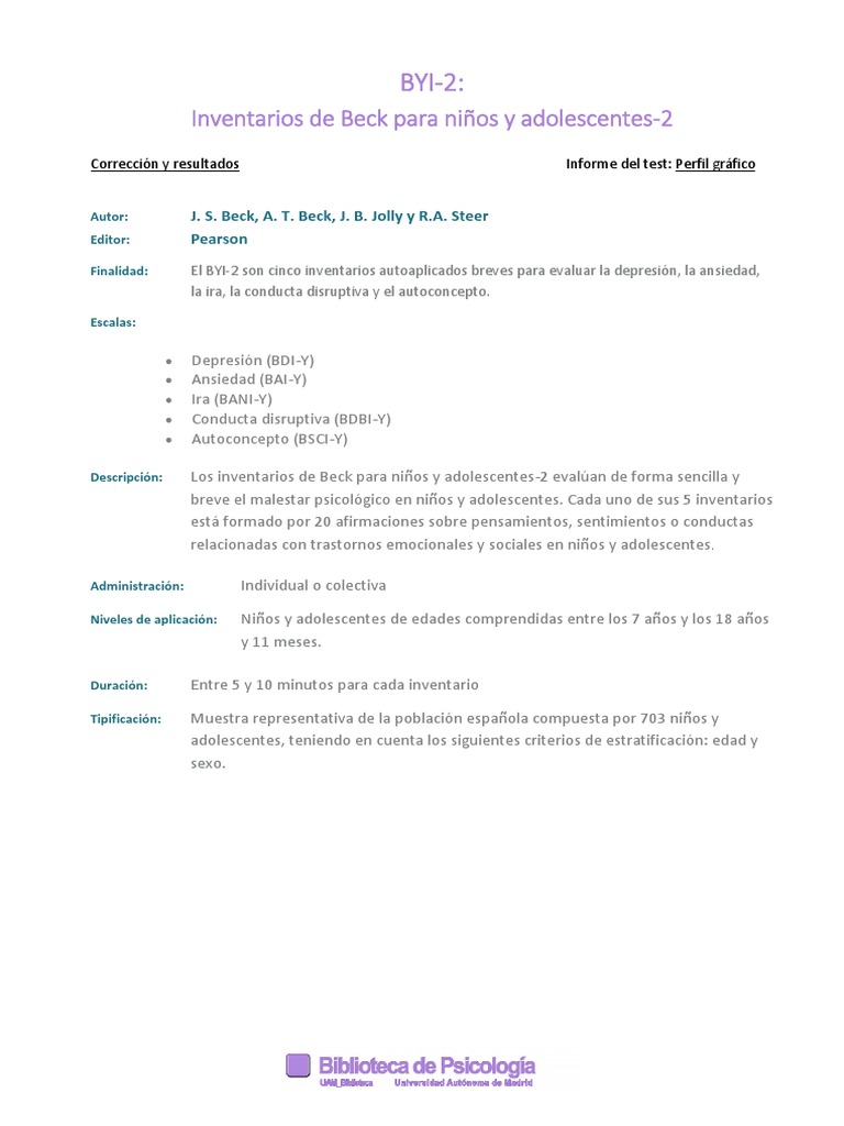 Inventarios de Beck para Niños y Adolescentes | PDF
