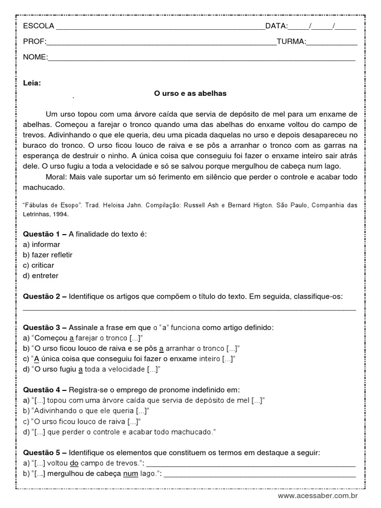 Atividade de Portugues Questoes Sobre Artigo 7º Ano PDF | PDF