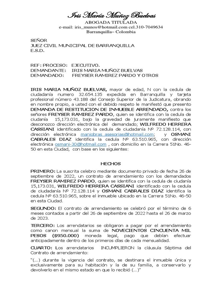 Demanda de Restitución de Inmueble Arrendado | PDF | Derecho civil ...