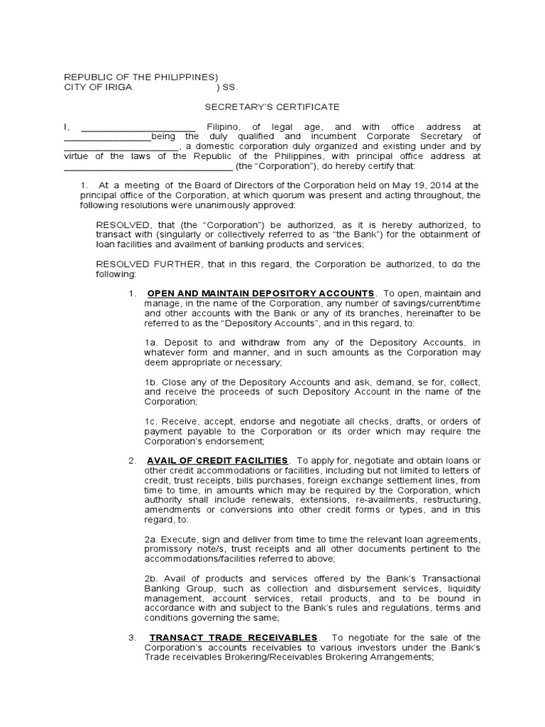 Corporate Secretary's Certificate for Banking Transactions | PDF ...