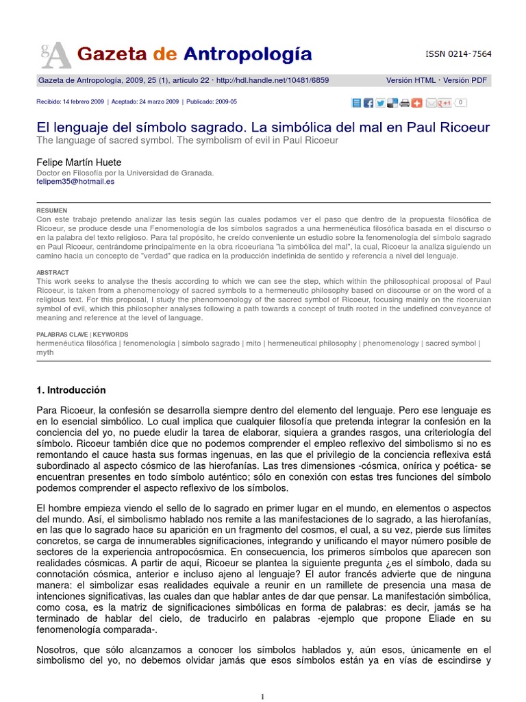 Simbolismo del mal en Paul Ricoeur | PDF | Los símbolos | Experiencia