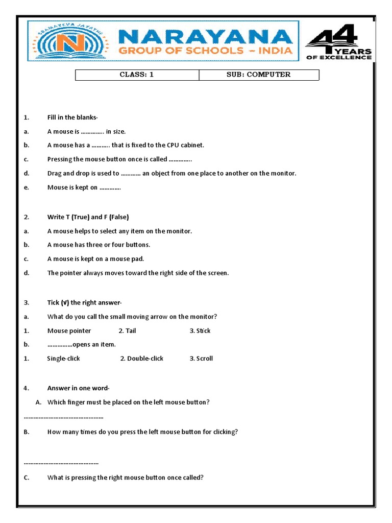 Class 1 Computer Ch 6 Using A Mouse Pdf
