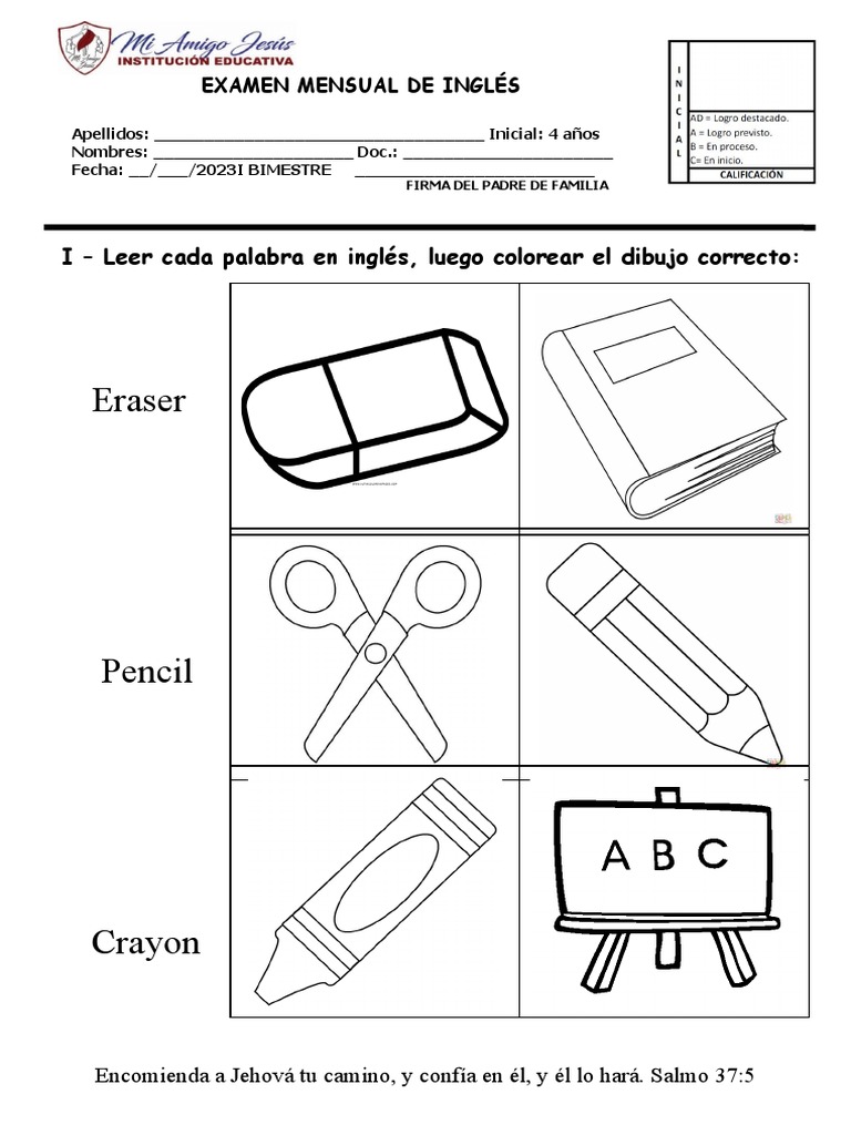 Exámen Primer Bimestre Inglés Inicial 4 Años PDF