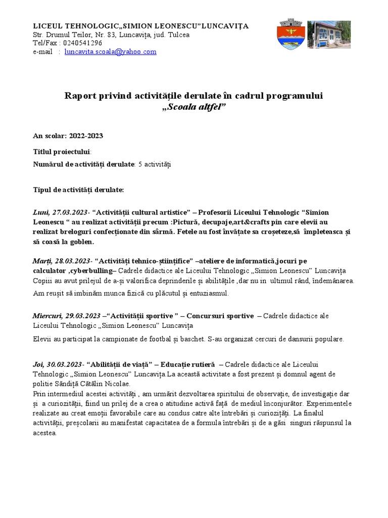 Raport scoala altfel 2023 pdf