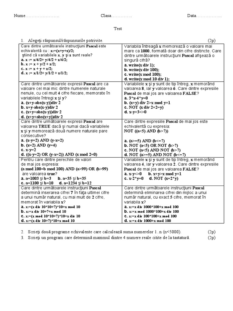 Test Pascal Expresii Logice | PDF