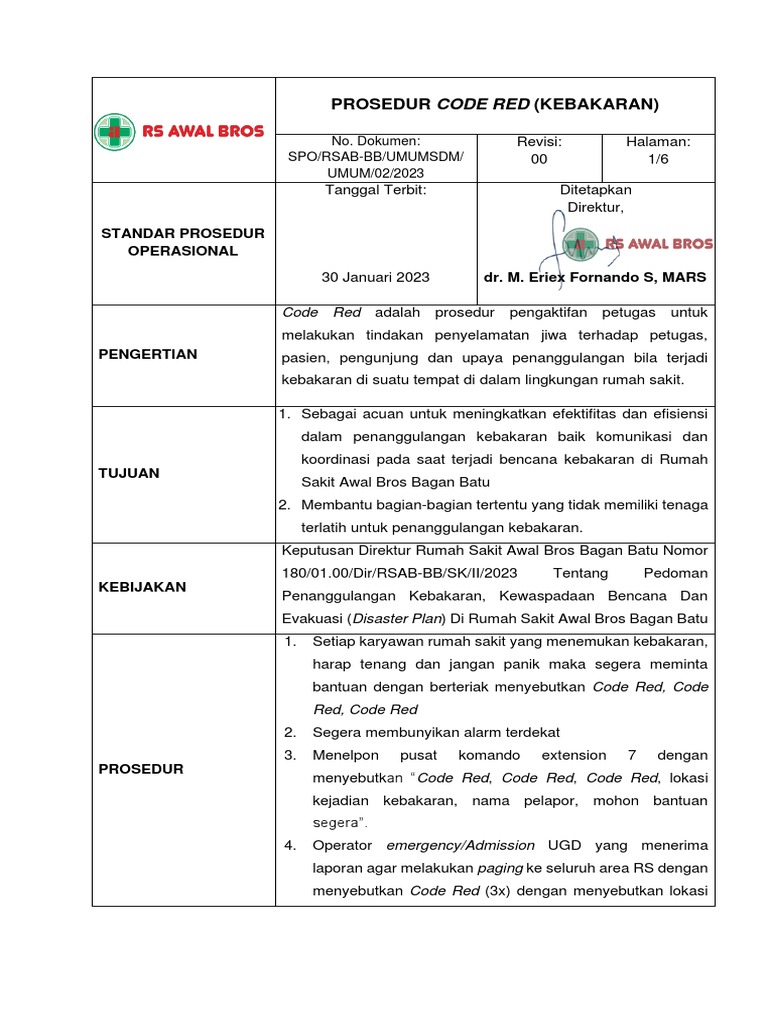 Prosedur Code Red Kebakaran RSAB Bagan Batu | PDF