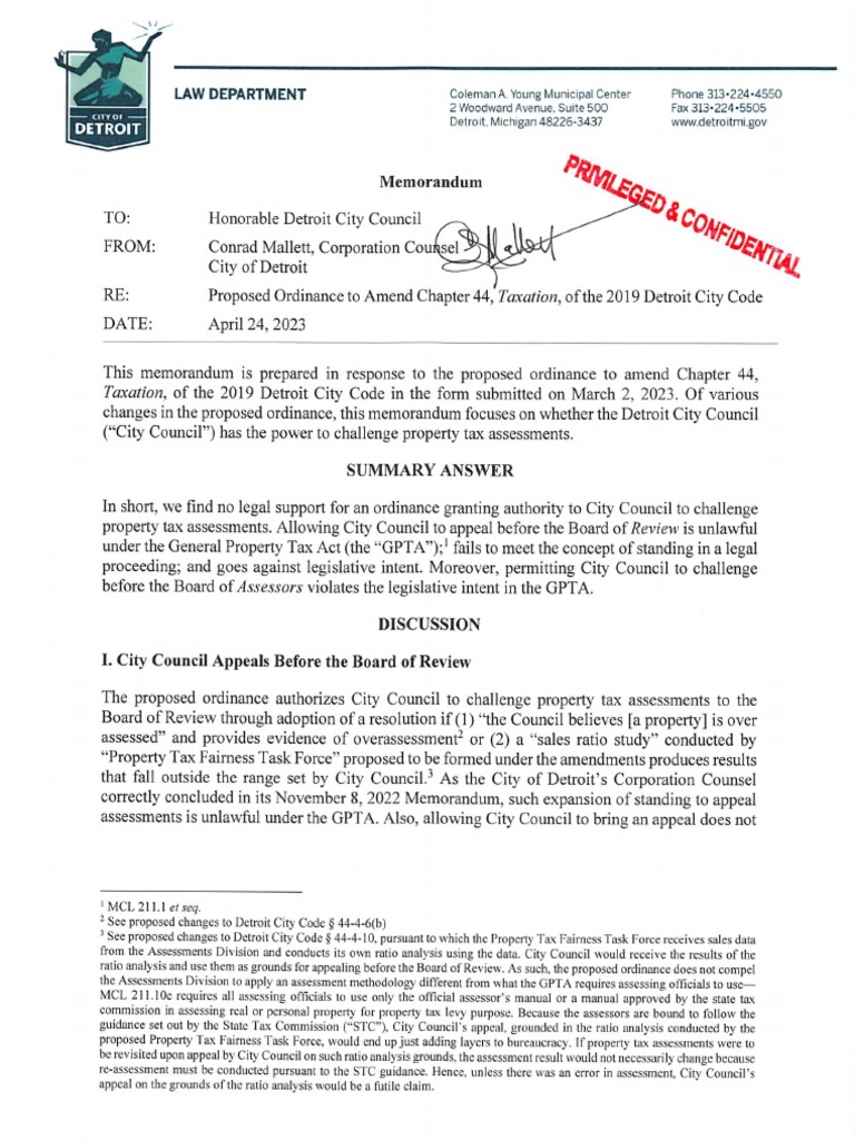 Detroit Law Department Memo Property Tax Reform | PDF