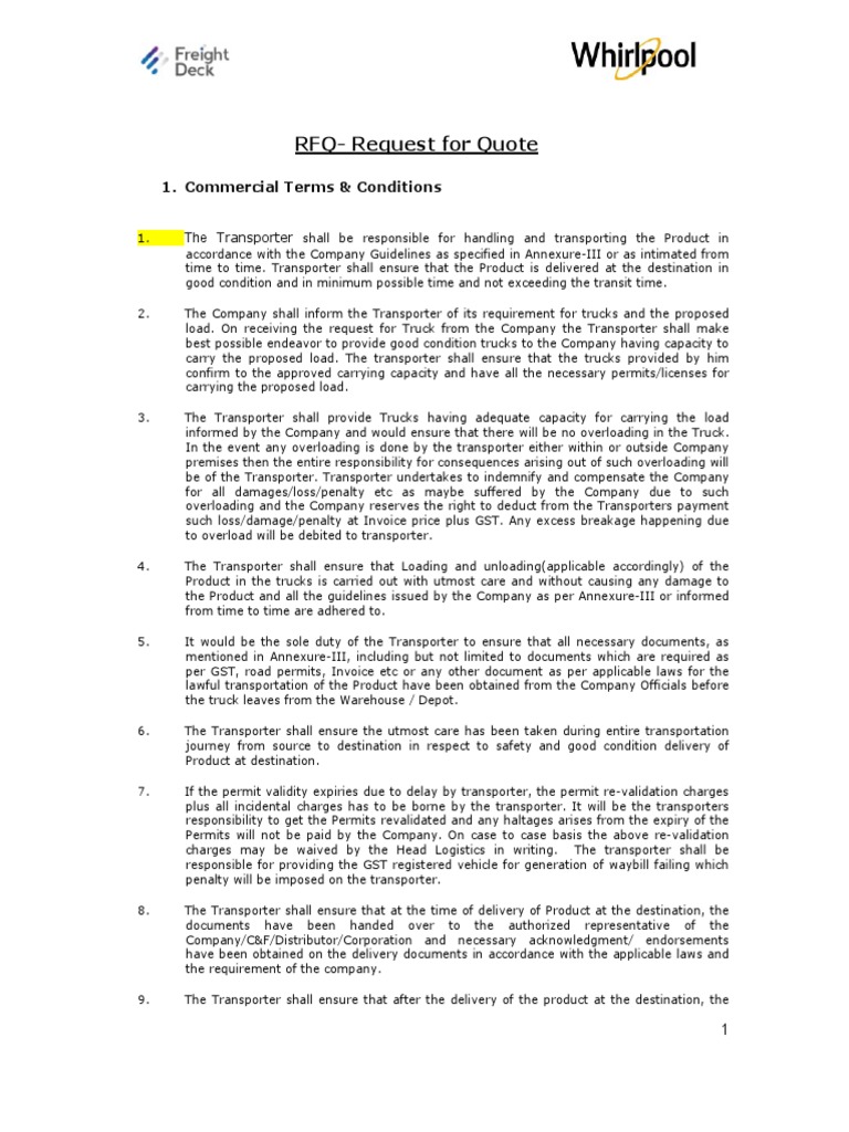Transporter RFQ: Terms & Conditions | PDF | Indemnity | Liquidation
