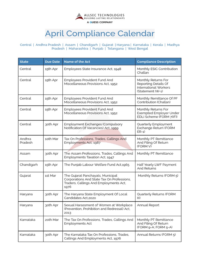 Allsec April Compliance Calendar PDF PDF Employment Payments