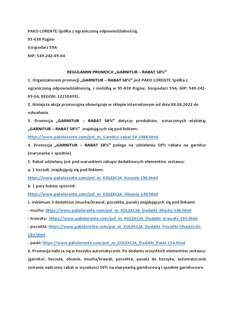 Regulamin Promocji Garnitur Rabat - 50 | PDF