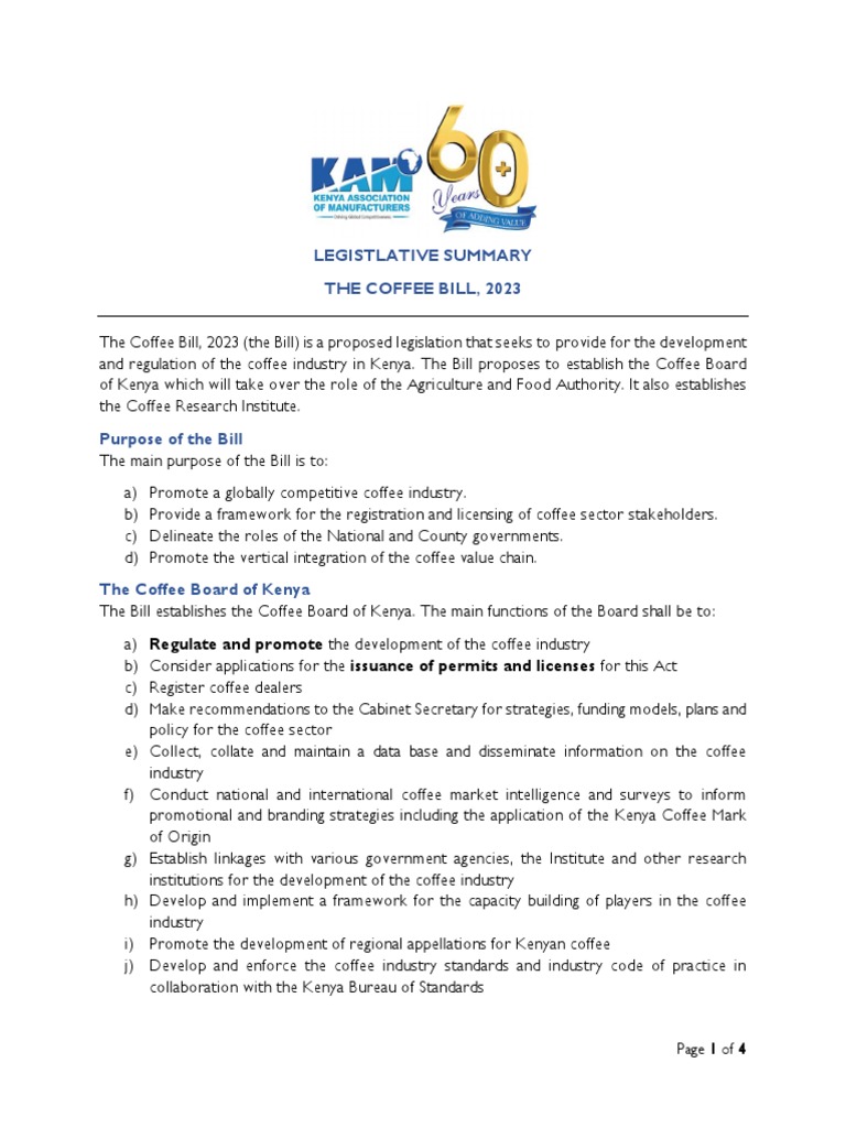 Legislative Summary of The Coffee Bill, 2023 | PDF | Coffee | License