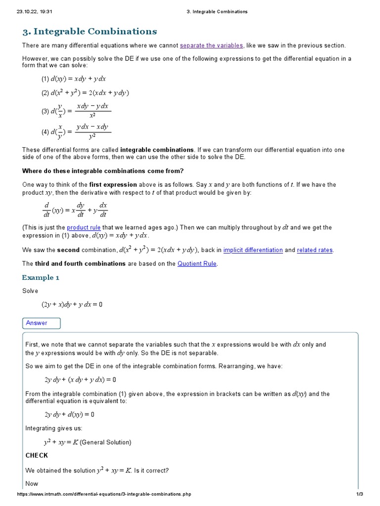 Integrable Combinations in DE Solutions | PDF | Integral | Derivative